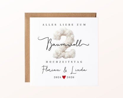 Baumwollhochzeit Karte - 2. Hochzeitstag Baumwollzahl - personalisiert