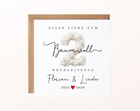 Baumwollhochzeit Karte - 2. Hochzeitstag Baumwollzahl - personalisiert
