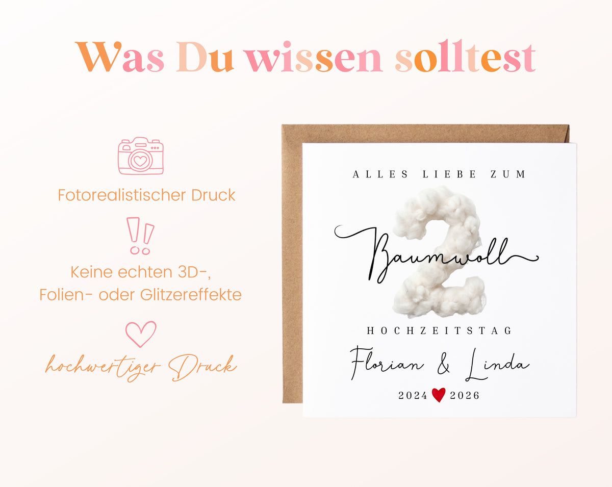 Baumwollhochzeit Karte - 2. Hochzeitstag Baumwollzahl - personalisiert