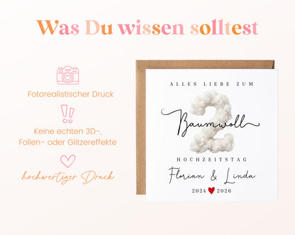 Baumwollhochzeit Karte - 2. Hochzeitstag Baumwollzahl - personalisiert