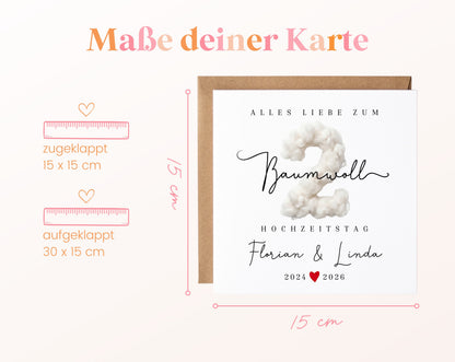 Baumwollhochzeit Karte - 2. Hochzeitstag Baumwollzahl - personalisiert