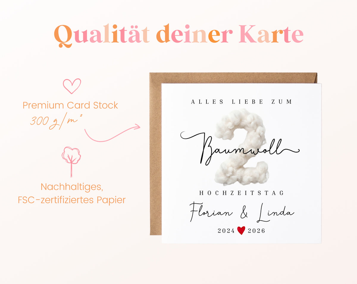 Baumwollhochzeit Karte - 2. Hochzeitstag Baumwollzahl - personalisiert