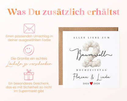 Baumwollhochzeit Karte - 2. Hochzeitstag Baumwollzahl - personalisiert