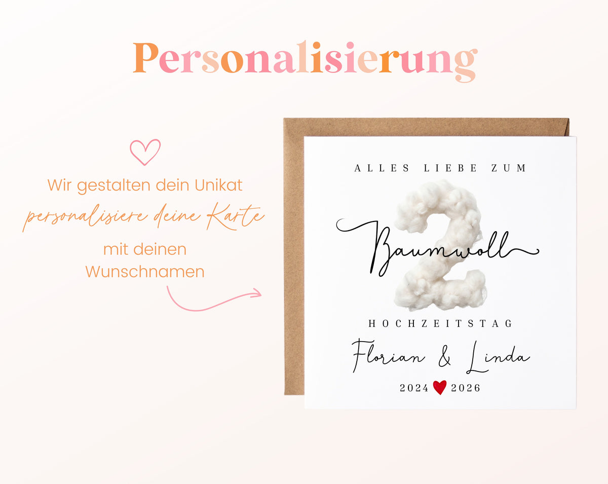 Baumwollhochzeit Karte - 2. Hochzeitstag Baumwollzahl - personalisiert
