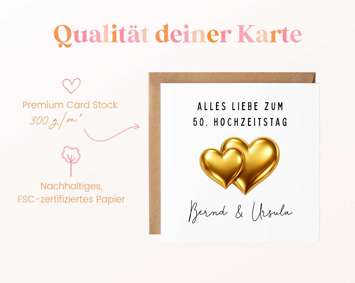 Goldene Hochzeit Karte - Doppelherzen - personalisiert