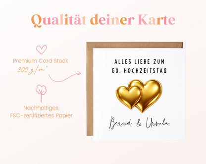Goldene Hochzeit Karte - Doppelherzen - personalisiert