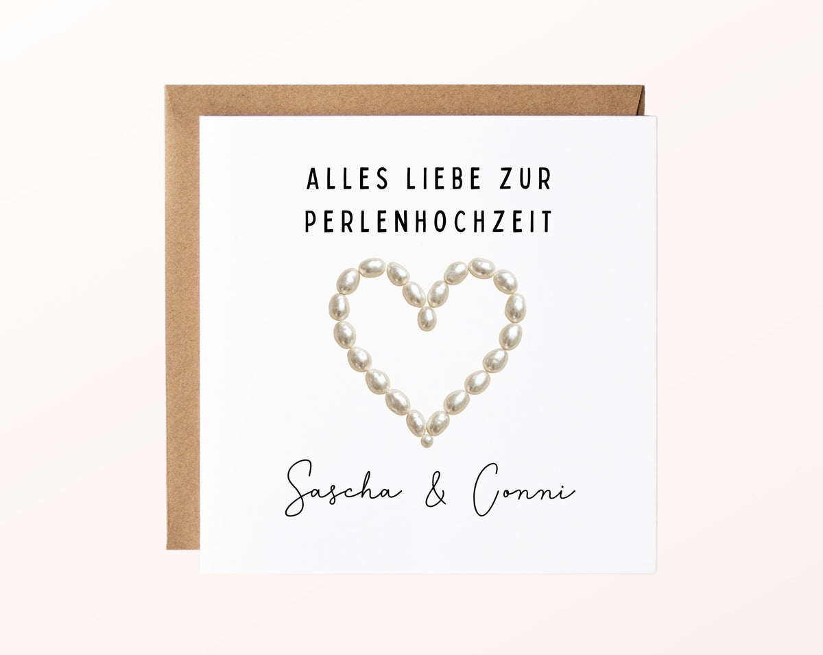 Perlenhochzeit Karte - Perlenherz - personalisiert