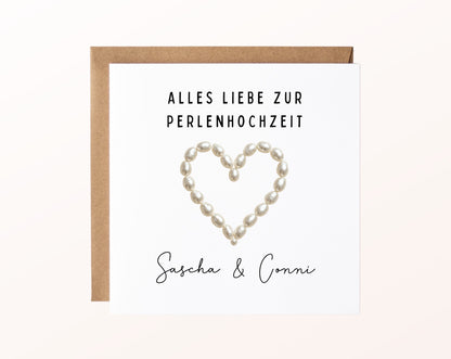 Perlenhochzeit Karte - Perlenherz - personalisiert