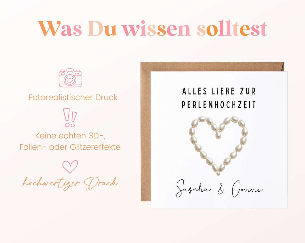 Perlenhochzeit Karte - Perlenherz - personalisiert