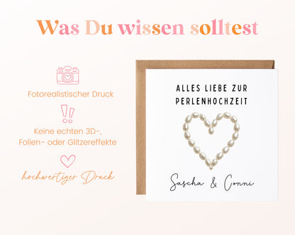 Perlenhochzeit Karte - Perlenherz - personalisiert