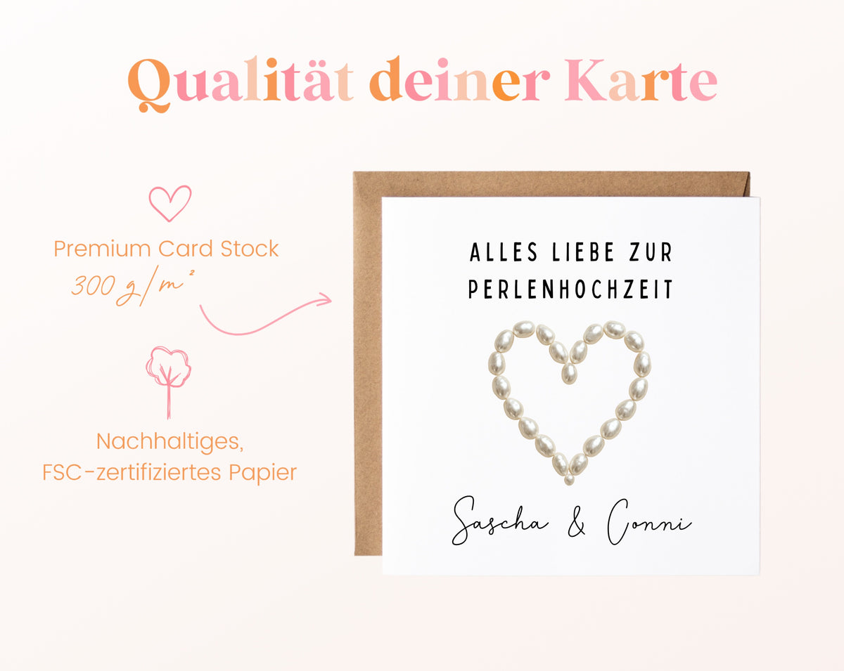 Perlenhochzeit Karte - Perlenherz - personalisiert