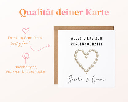 Perlenhochzeit Karte - Perlenherz - personalisiert