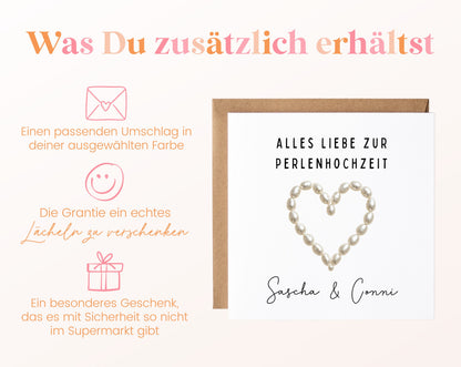 Perlenhochzeit Karte - Perlenherz - personalisiert