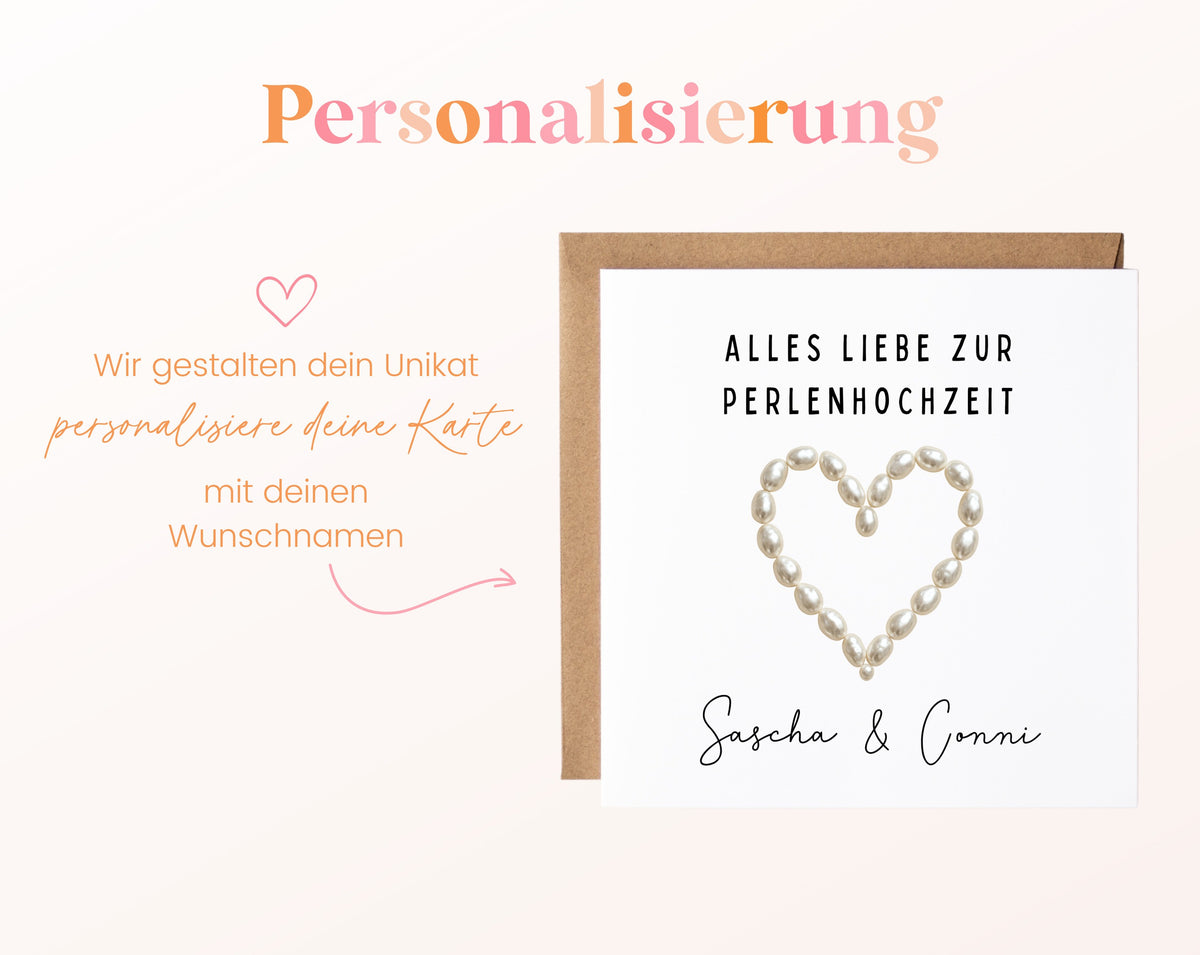 Perlenhochzeit Karte - Perlenherz - personalisiert