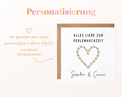 Perlenhochzeit Karte - Perlenherz - personalisiert