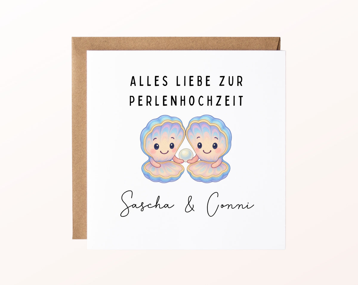 Perlenhochzeit Karte - Muschelpaar - personalisiert