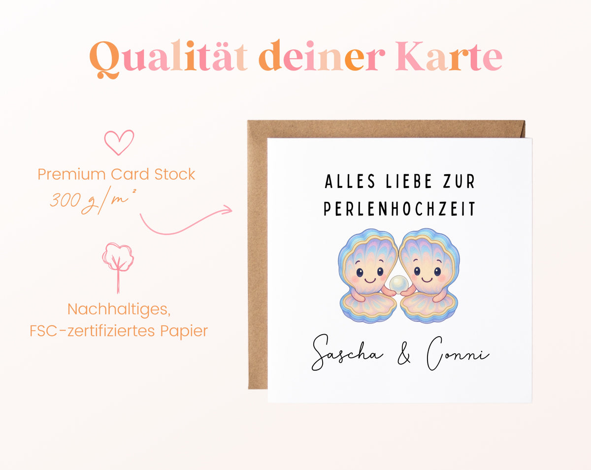 Perlenhochzeit Karte - Muschelpaar - personalisiert