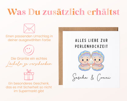 Perlenhochzeit Karte - Muschelpaar - personalisiert