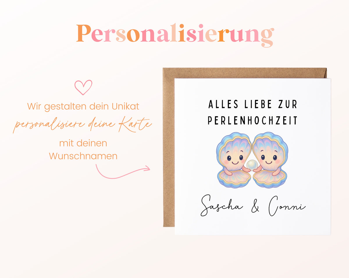 Perlenhochzeit Karte - Muschelpaar - personalisiert