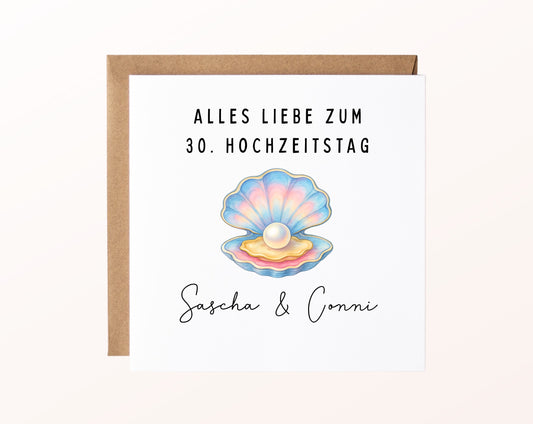 Perlenhochzeit Karte - Muschel mit Perle - personalisiert
