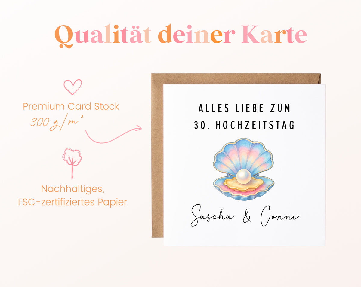 Perlenhochzeit Karte - Muschel mit Perle - personalisiert
