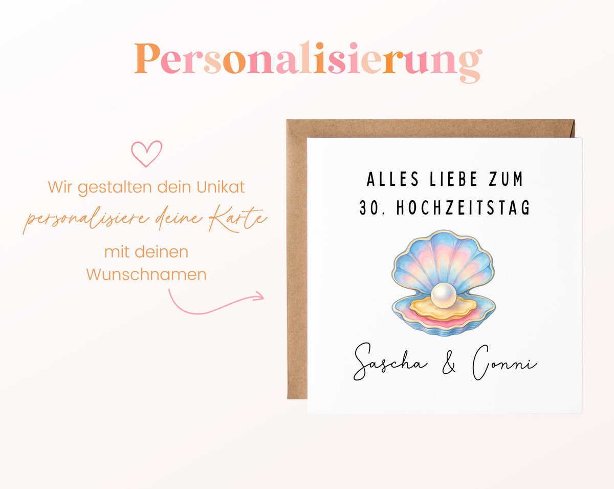 Perlenhochzeit Karte - Muschel mit Perle - personalisiert