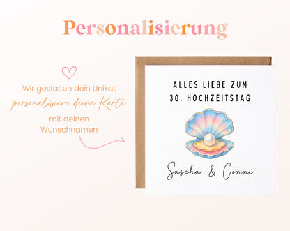 Perlenhochzeit Karte - Muschel mit Perle - personalisiert