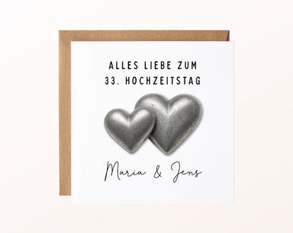 Zinnhochzeit Karte - Doppelherzen - personalisiert