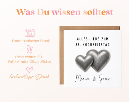 Zinnhochzeit Karte - Doppelherzen - personalisiert