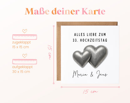 Zinnhochzeit Karte - Doppelherzen - personalisiert