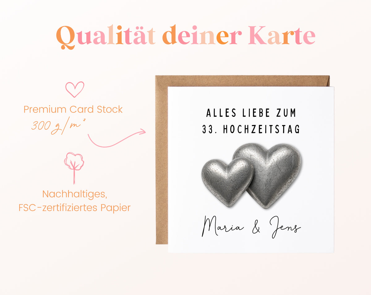 Zinnhochzeit Karte - Doppelherzen - personalisiert
