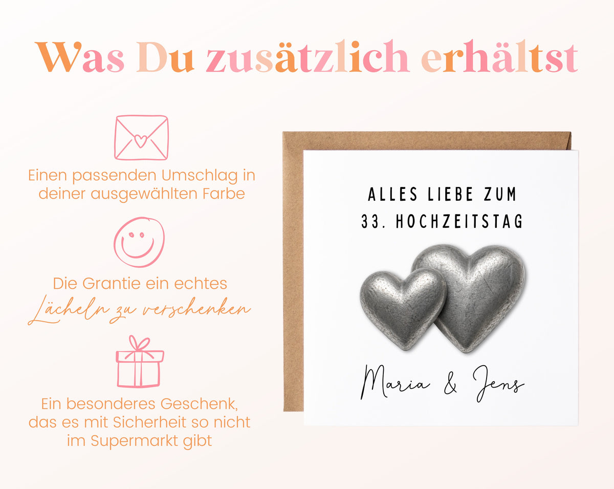 Zinnhochzeit Karte - Doppelherzen - personalisiert