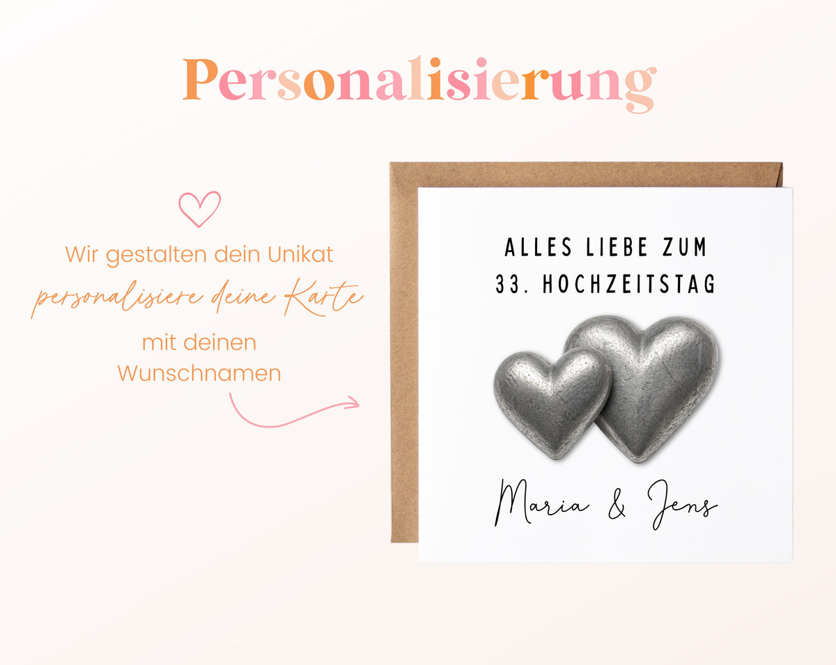 Zinnhochzeit Karte - Doppelherzen - personalisiert