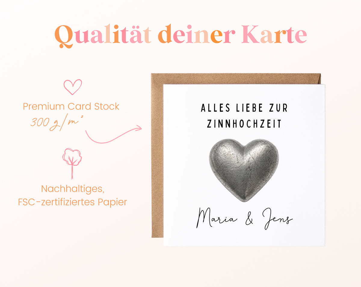 Zinnhochzeit Karte - Zinnherz - personalisiert