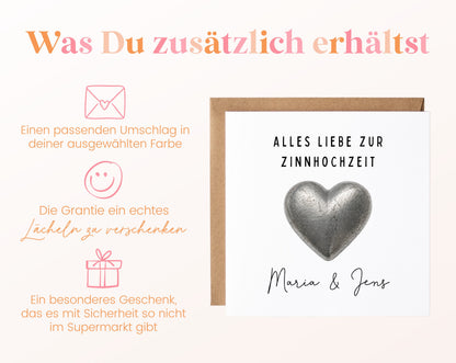 Zinnhochzeit Karte - Zinnherz - personalisiert