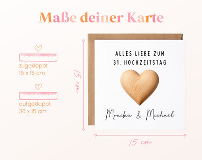 Lindenhochzeit Karte - Holzherz - personalisiert