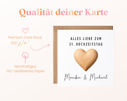 Lindenhochzeit Karte - Holzherz - personalisiert