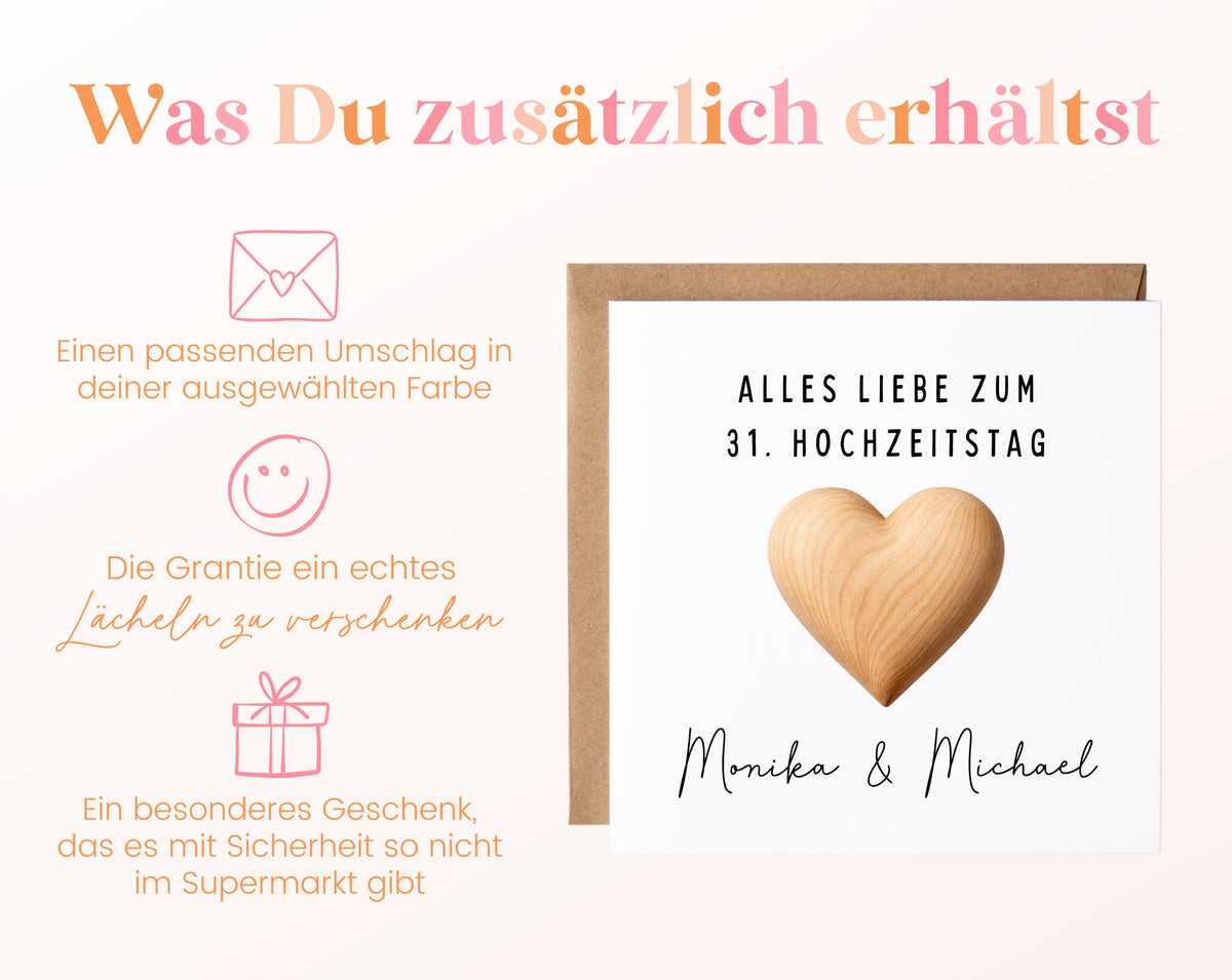 Lindenhochzeit Karte - Holzherz - personalisiert