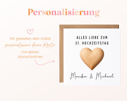 Lindenhochzeit Karte - Holzherz - personalisiert