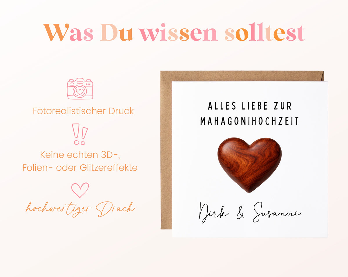 Mahagonihochzeit Karte - Holzherz - personalisiert