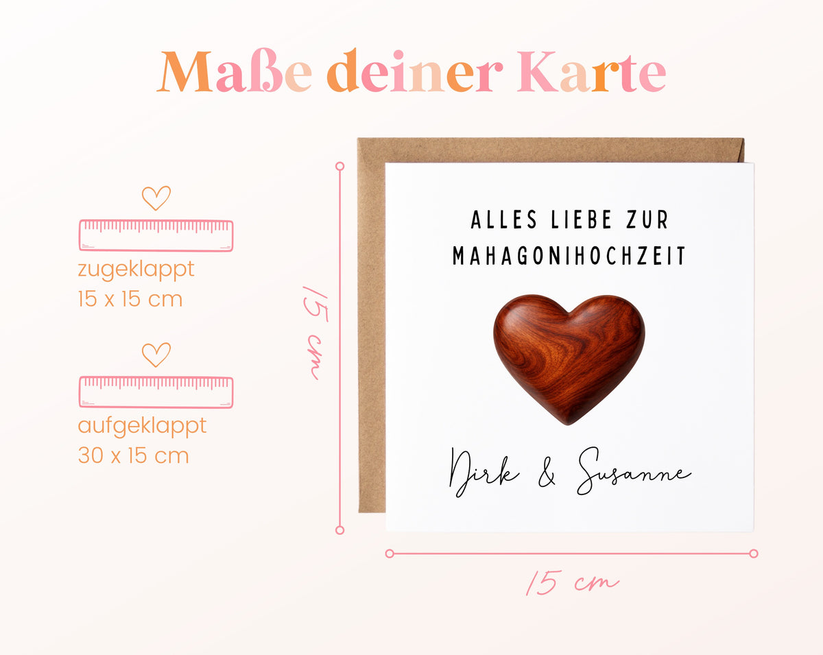 Mahagonihochzeit Karte - Holzherz - personalisiert