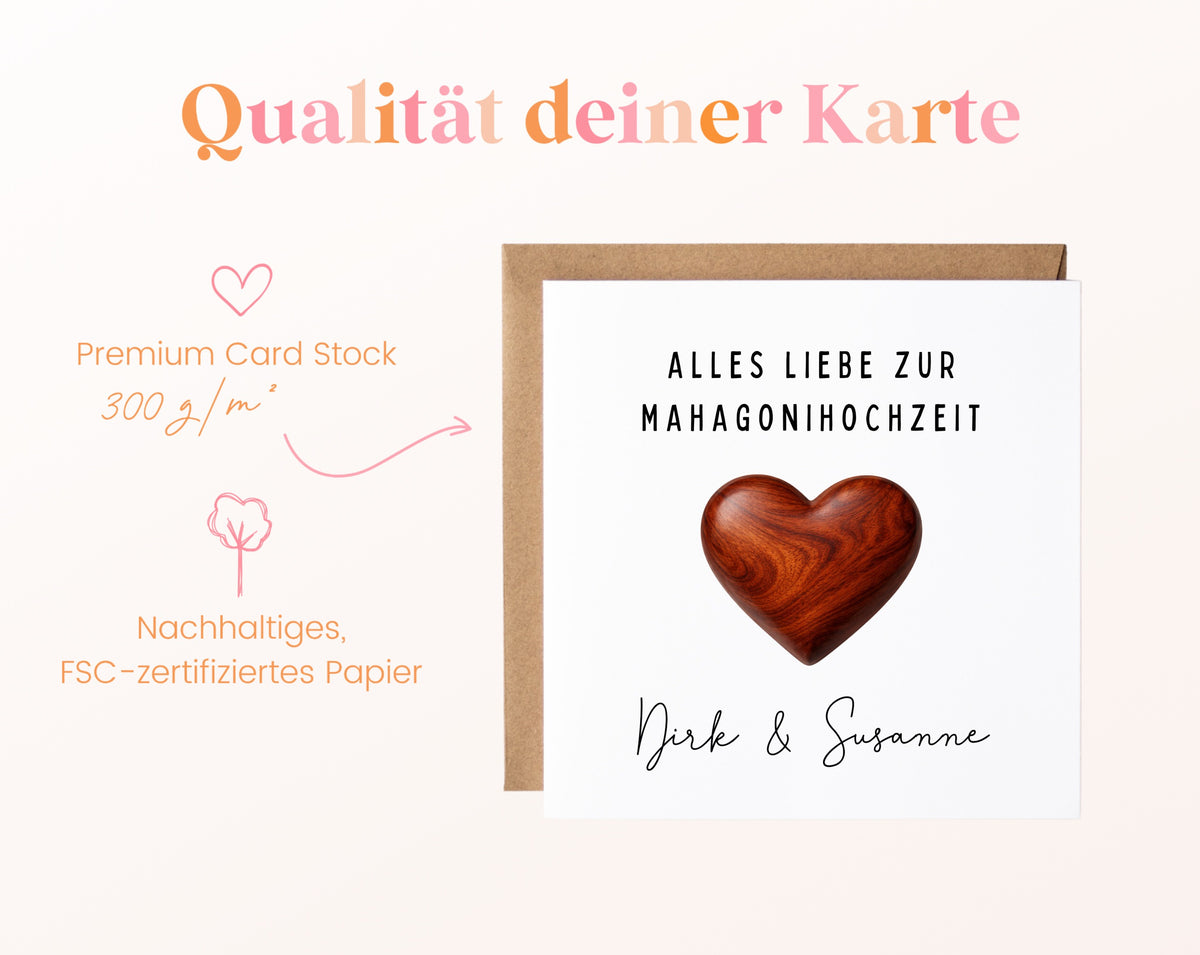 Mahagonihochzeit Karte - Holzherz - personalisiert