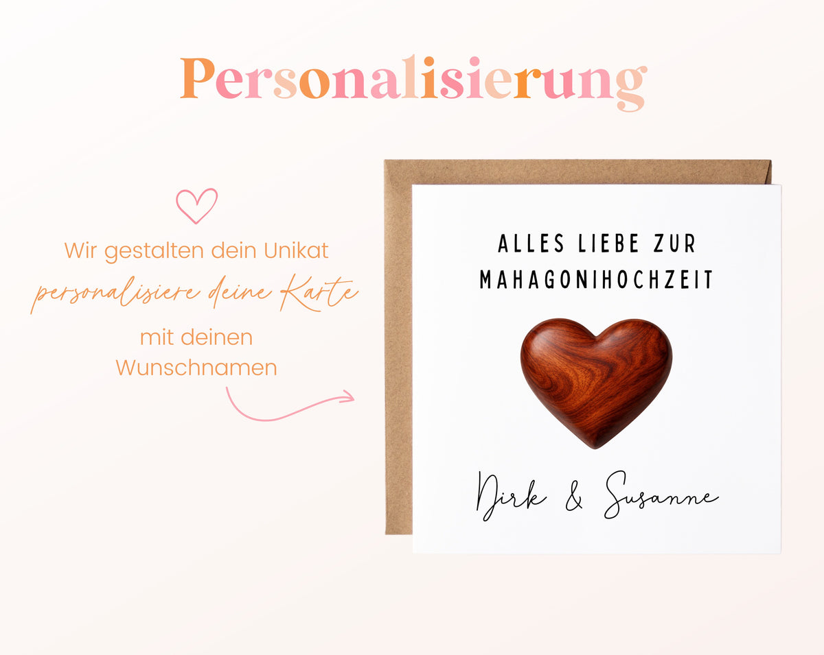 Mahagonihochzeit Karte - Holzherz - personalisiert