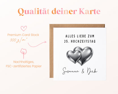 Silberhochzeit Karte - Doppelherzen - personalisiert