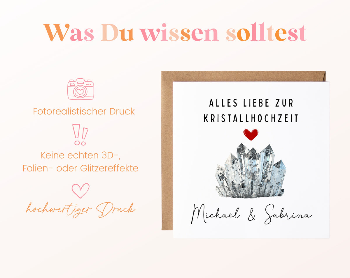 Kristallhochzeit Karte - klare Kristalle - personalisiert