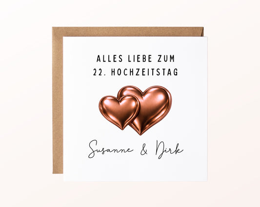 Bronzehochzeit Karte - Doppelherzen - personalisiert