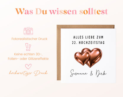 Bronzehochzeit Karte - Doppelherzen - personalisiert