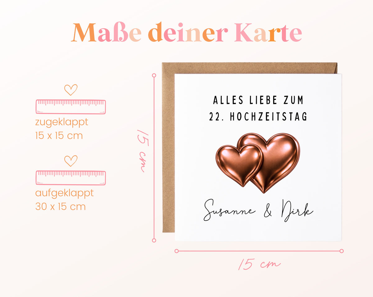 Bronzehochzeit Karte - Doppelherzen - personalisiert