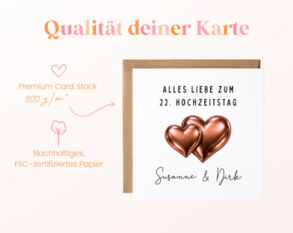 Bronzehochzeit Karte - Doppelherzen - personalisiert