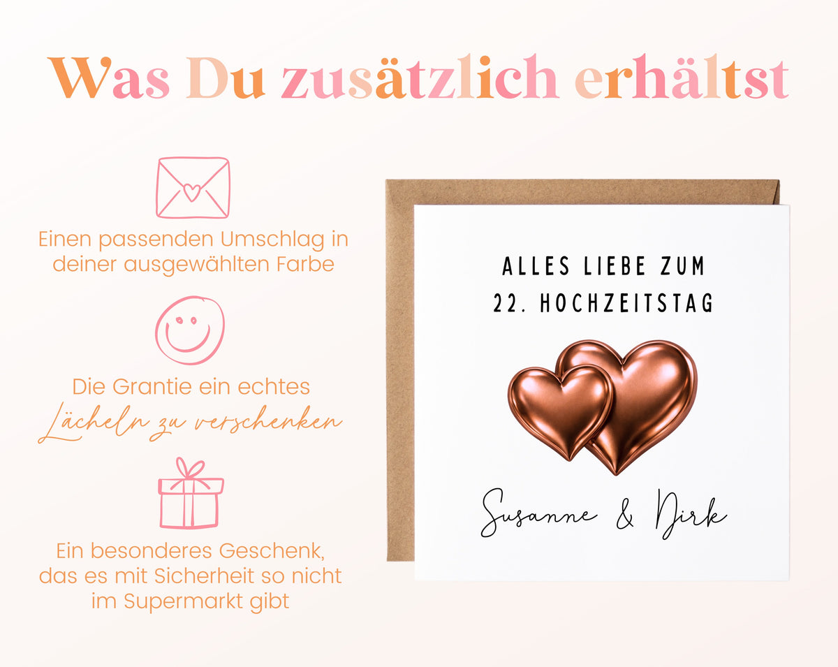 Bronzehochzeit Karte - Doppelherzen - personalisiert